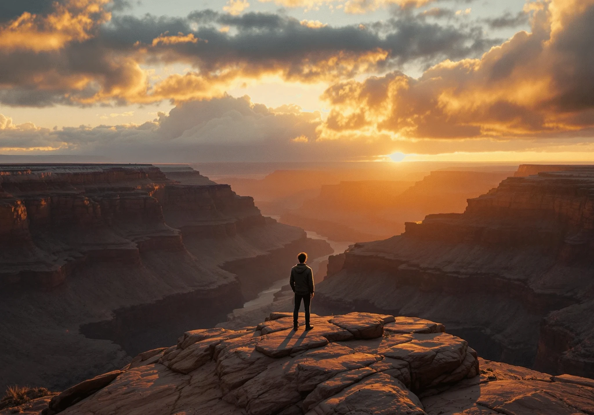 Person standing at canyon during sunset.